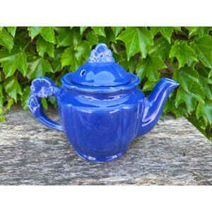 Shawnee Pottery Blue Rosette Teapot 4-Cup Vintage 1941 Floral Handle Accent